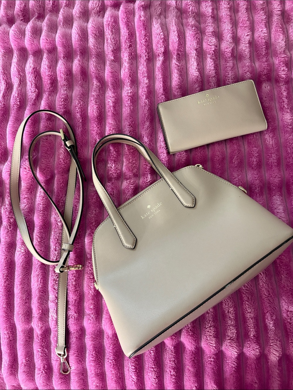 kate spade light taupe saffiano dome satchel with matching wallet